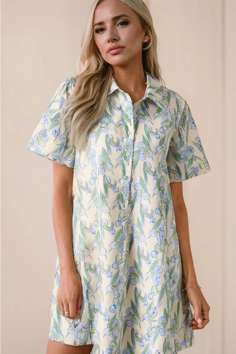 Green Floral Print Shirt Collar Buttoned Short Sleeve Shift Dress - Love Salve